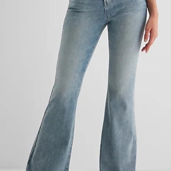 Express Mid Rise Light Wash Raw Hem FlexX '70s Flare Jeans - Picture 4 of 5